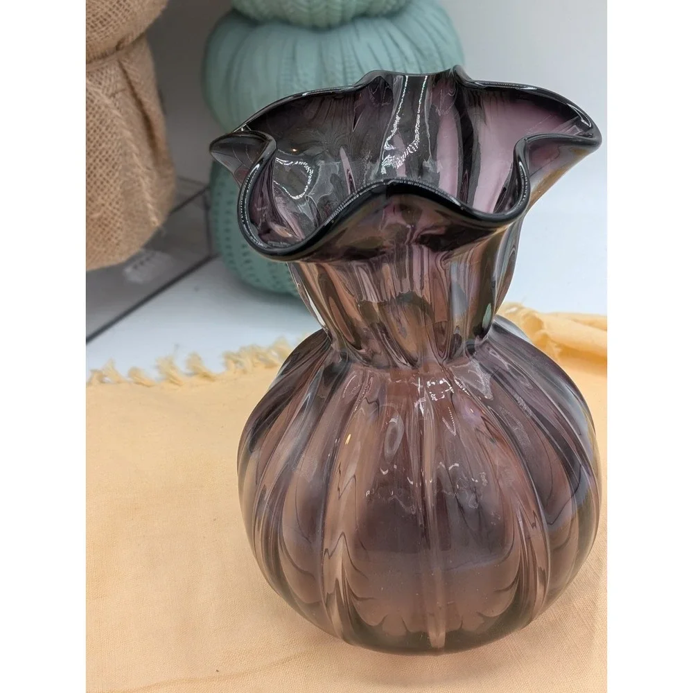 Vintage Amethyst Purple Glass Ruffled Vase Hand Blown Optic Ribbed MCM 6.5